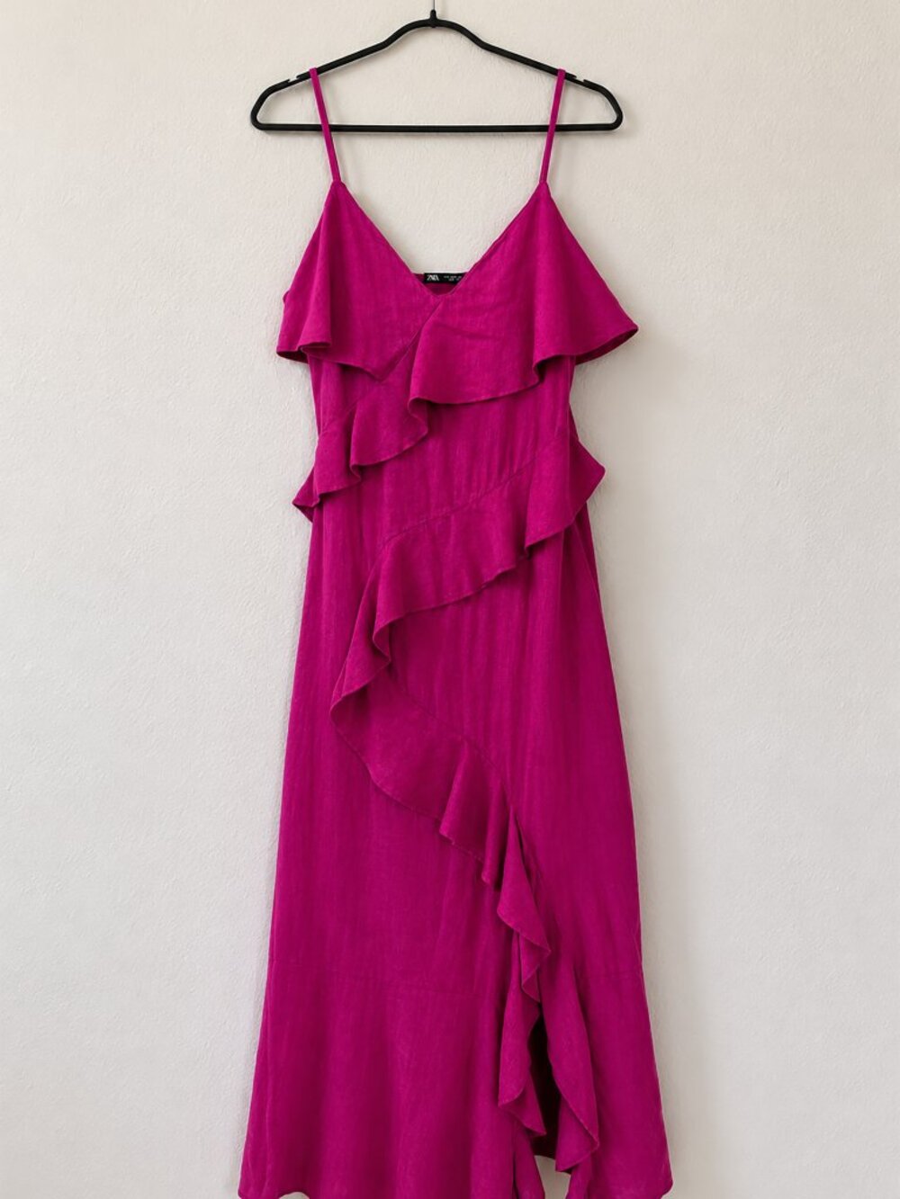 ZARA Linen Blend Ruffle Maxi Dress L Fuchsia Pink Front Slit Adjustable Straps - Picture 3 of 16
